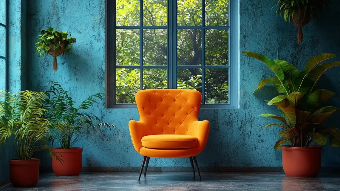 Cozy room with a chair in front of a window, adorned with potted plants, bathed in natural light.