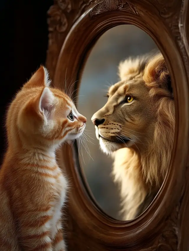 A cute kitten looking in the mirror and seeing an lion reflection.