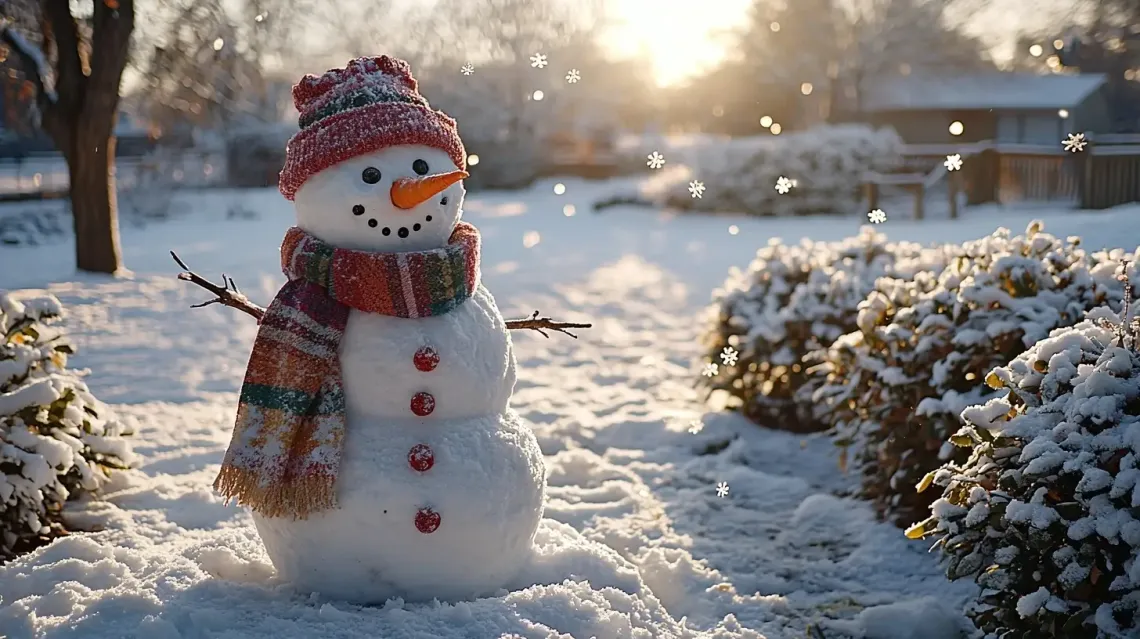 Snowman in a red hat and scarf in a serene, snowy landscape evoking joy and nostalgia.