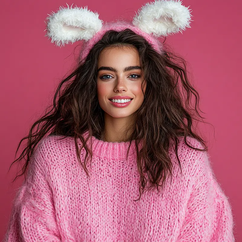 Cheerful woman smiling in pink sweater.