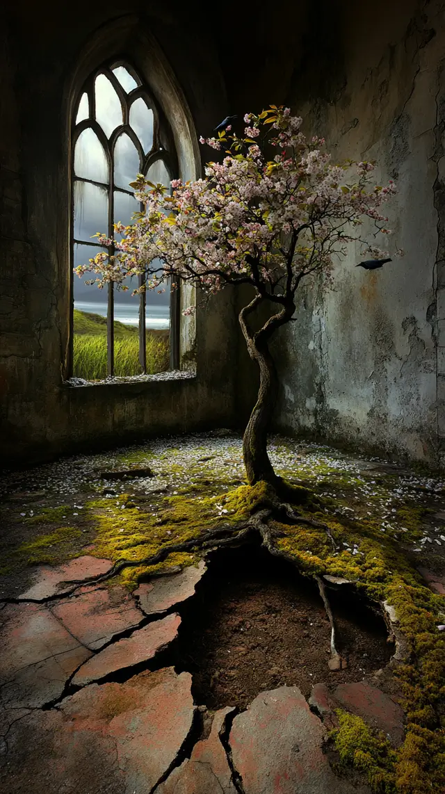 A cherry tree emerging from a crack in the floor.