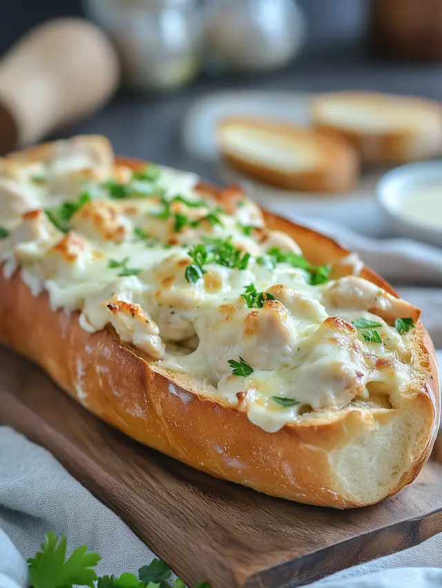 Hearty chicken Alfredo bread with creamy sauce.