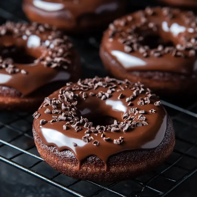 Delicious chocolate cake donuts displayed.