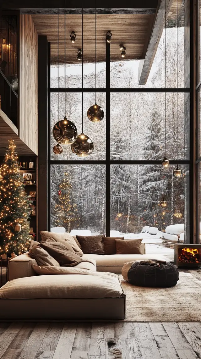 Beautiful contemporary interior decorated for Christmas in wild country setting.