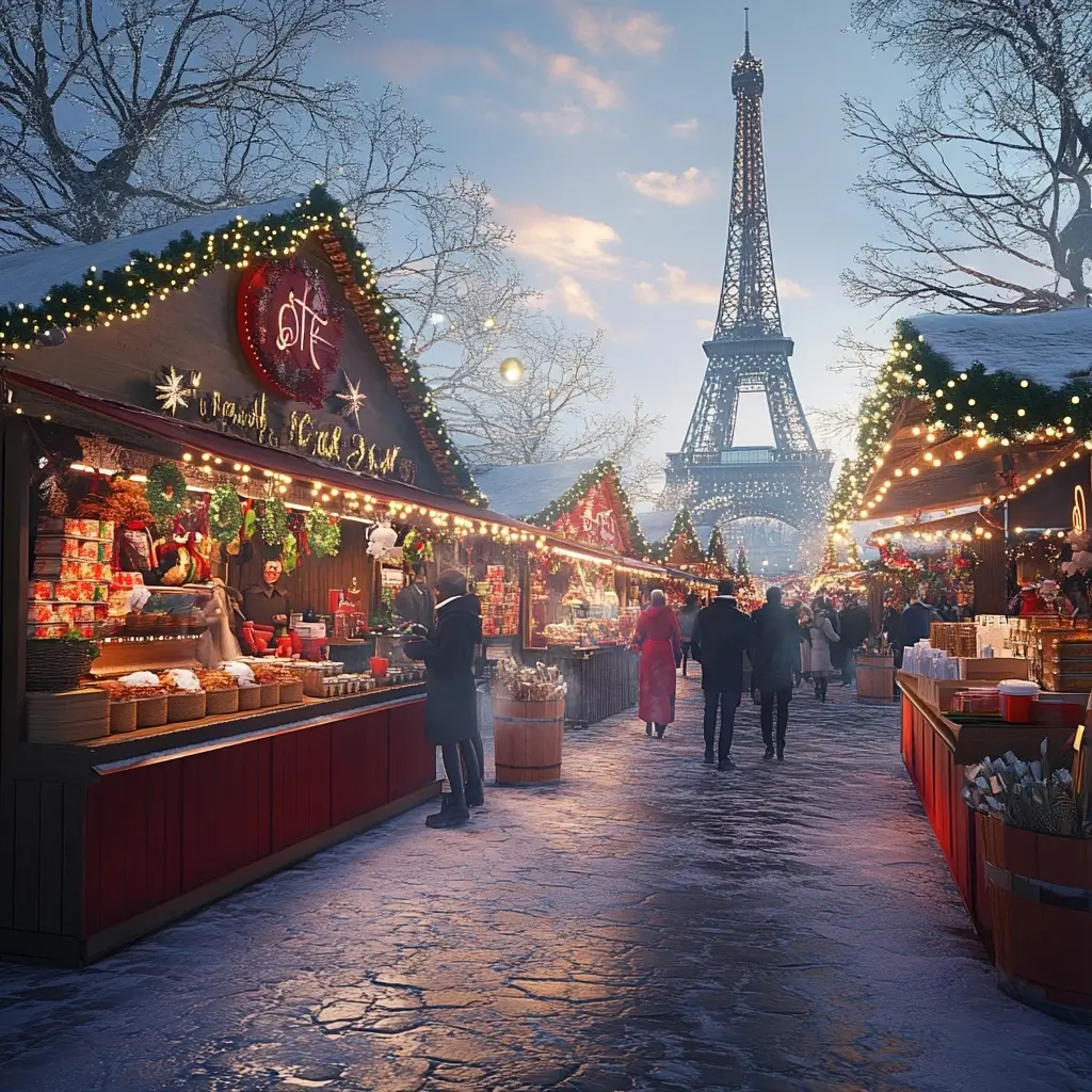 Bustling Christmas market with people exploring, adorned with festive decorations, twinkling lights, and vendors.