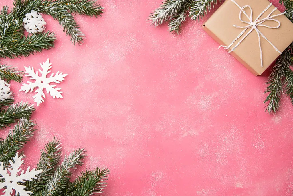 Christmas-themed pink background with white snowflakes.