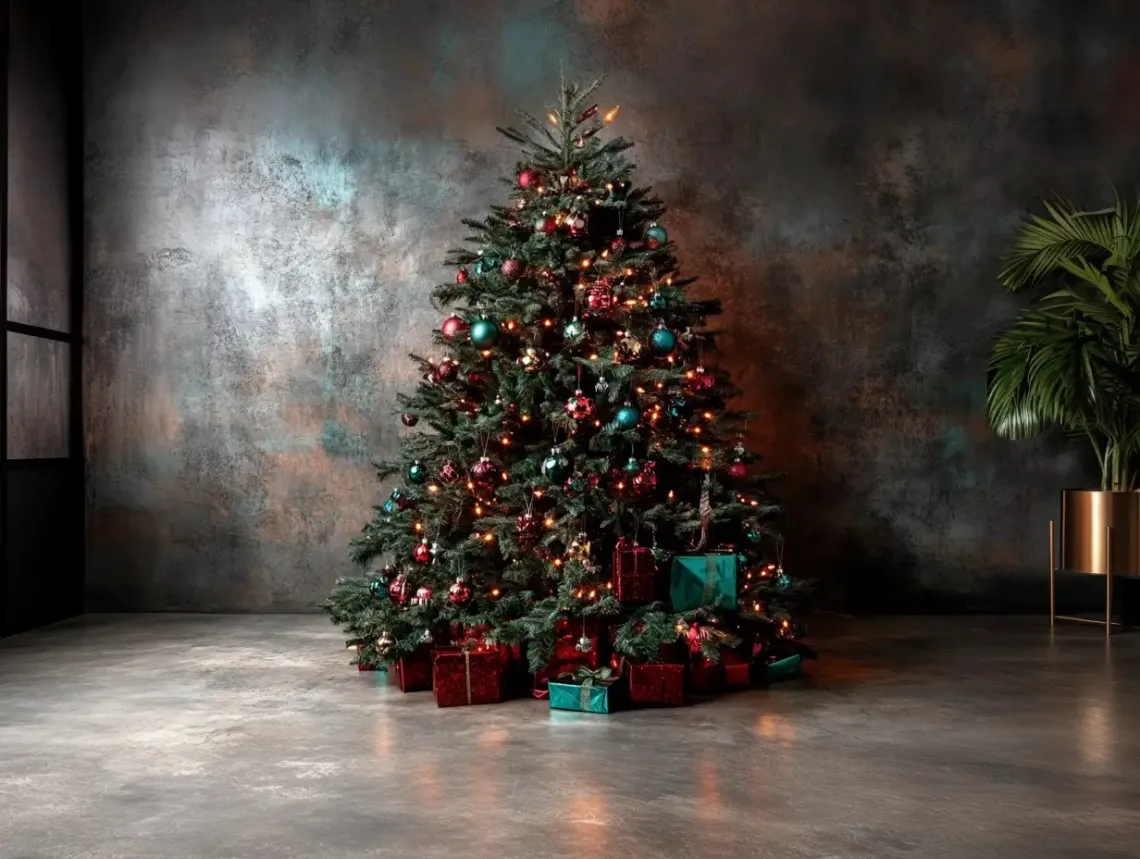 Beautifully decorated Christmas tree with twinkling lights and colorful ornaments, surrounded by wrapped gifts.