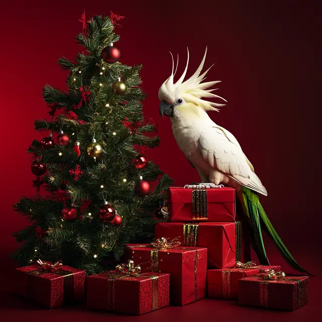 Christmas tree with red gift boxes and a white cockatoo in a lit background.