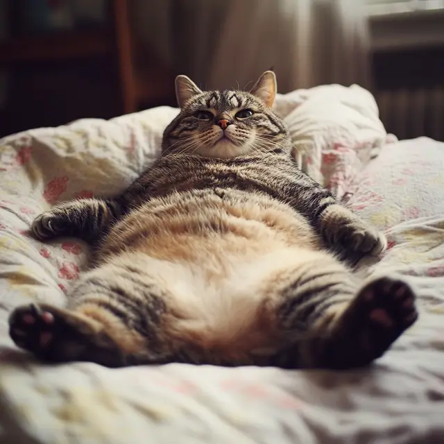 A chubby cat showing off its round belly.