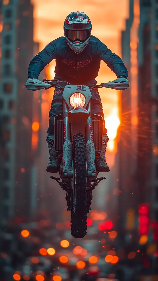 A motorcyclist in a cinematic action shot, performing a high jump.