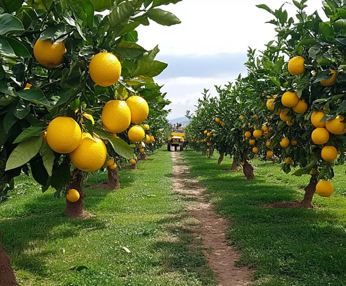 Picturesque field of vibrant orange trees with a tractor in background depicting serene rural atmosphere.