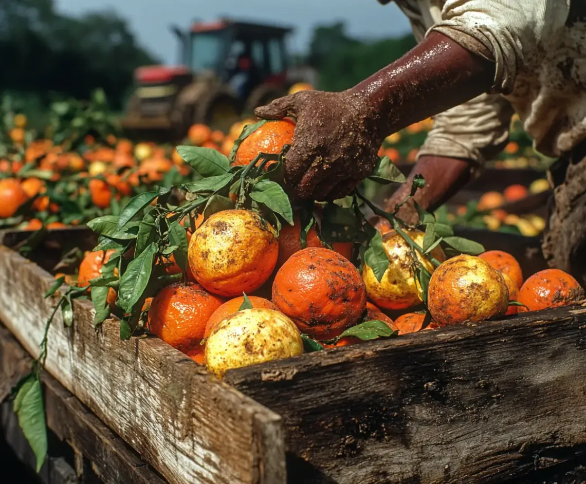 Man carefully selecting oranges from a wooden box in a scene of agricultural activity.