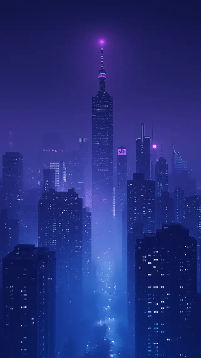 City skyline at night with an ethereal ambiance.