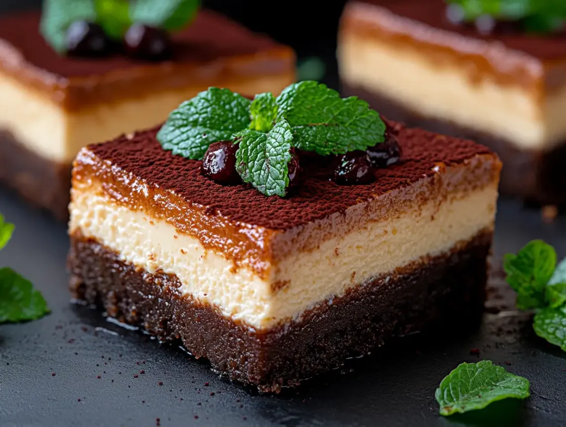 Close-up of a rich, layered cake, with greenery on top, highlighted to show texture.