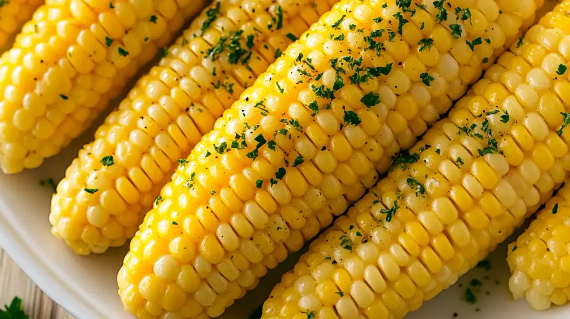 Close-up view of buttery baked corn kernels sprinkled with spice.