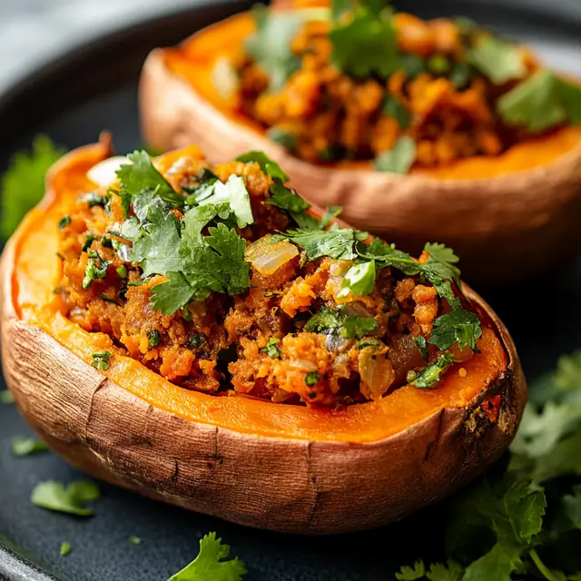 Close-up view of a single stuffed sweet potato cut open.