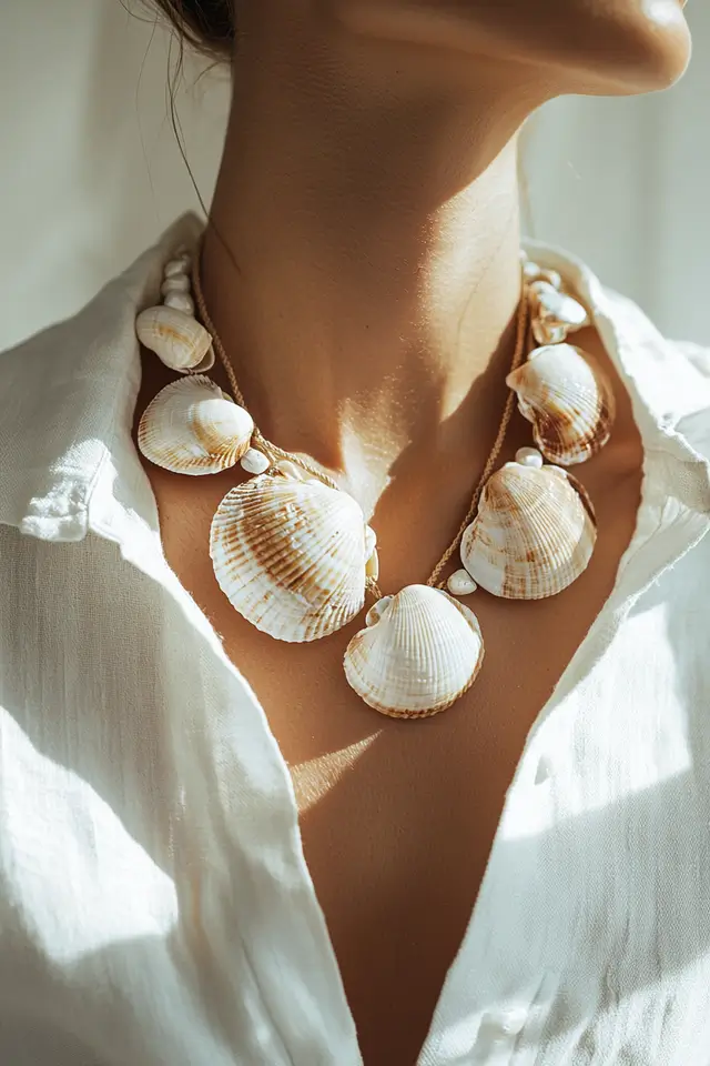 Close-up of a woman's necklace against a white, clean background.