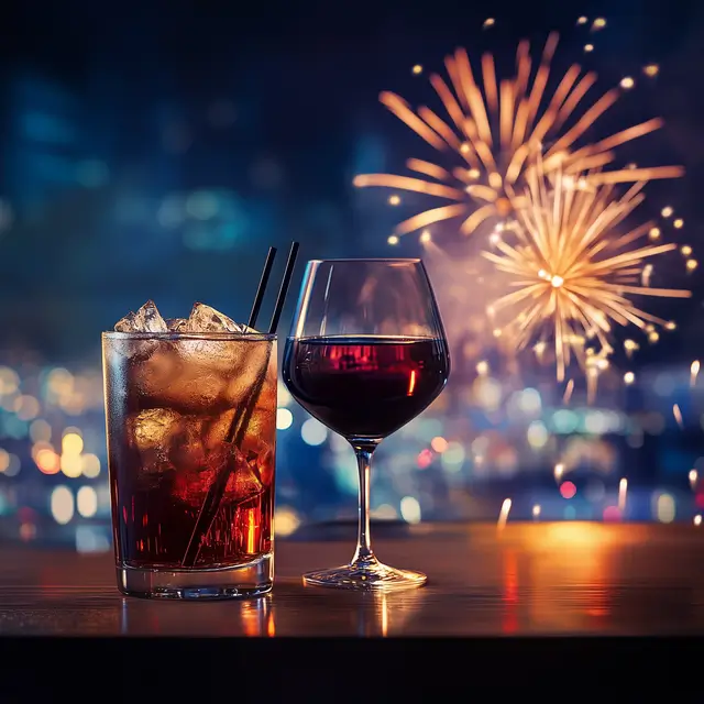 Cocktail and a wine glass on a smooth wooden surface.