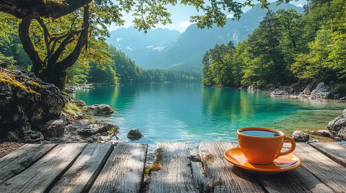 Steaming coffee cup on a rustic wooden table near a tranquil lake for a relaxing break.