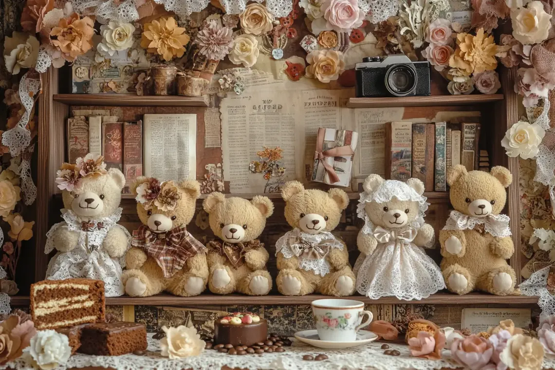 A collection of diverse, well-loved teddy bears of different colors and sizes arranged on a shelf.