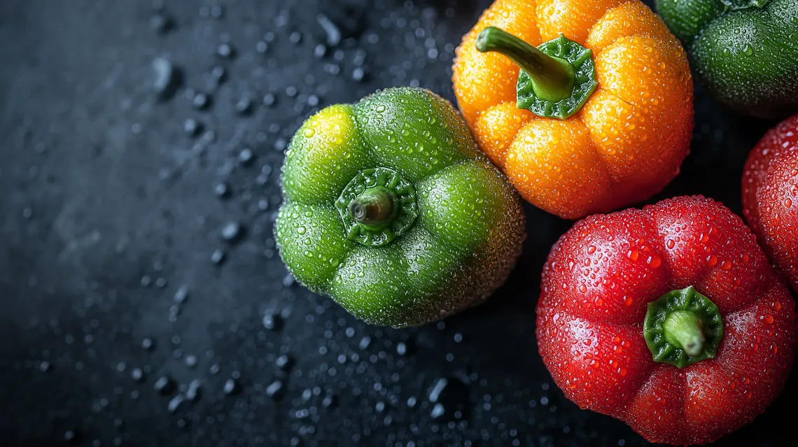 Assortment of colorful peppers in red, yellow, and green hues displayed on a sleek black surface.