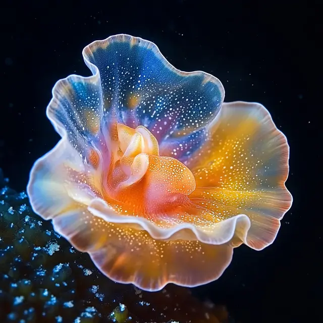 Colourful soft-bodied mollusk swimming in light underwater.