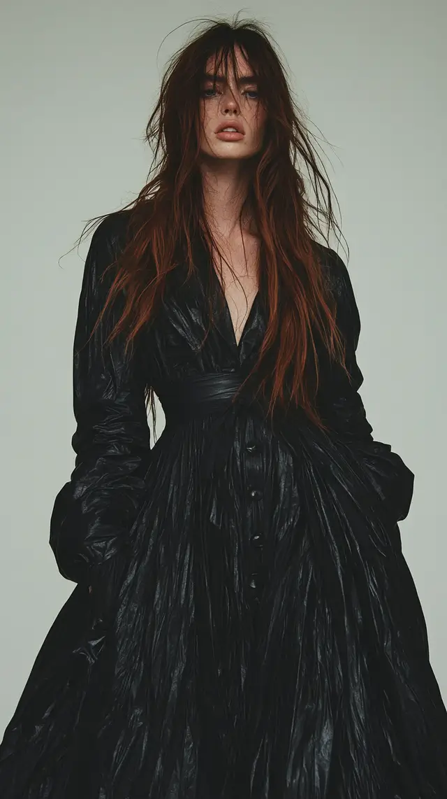 High fashion photo of a woman with long brown hair.