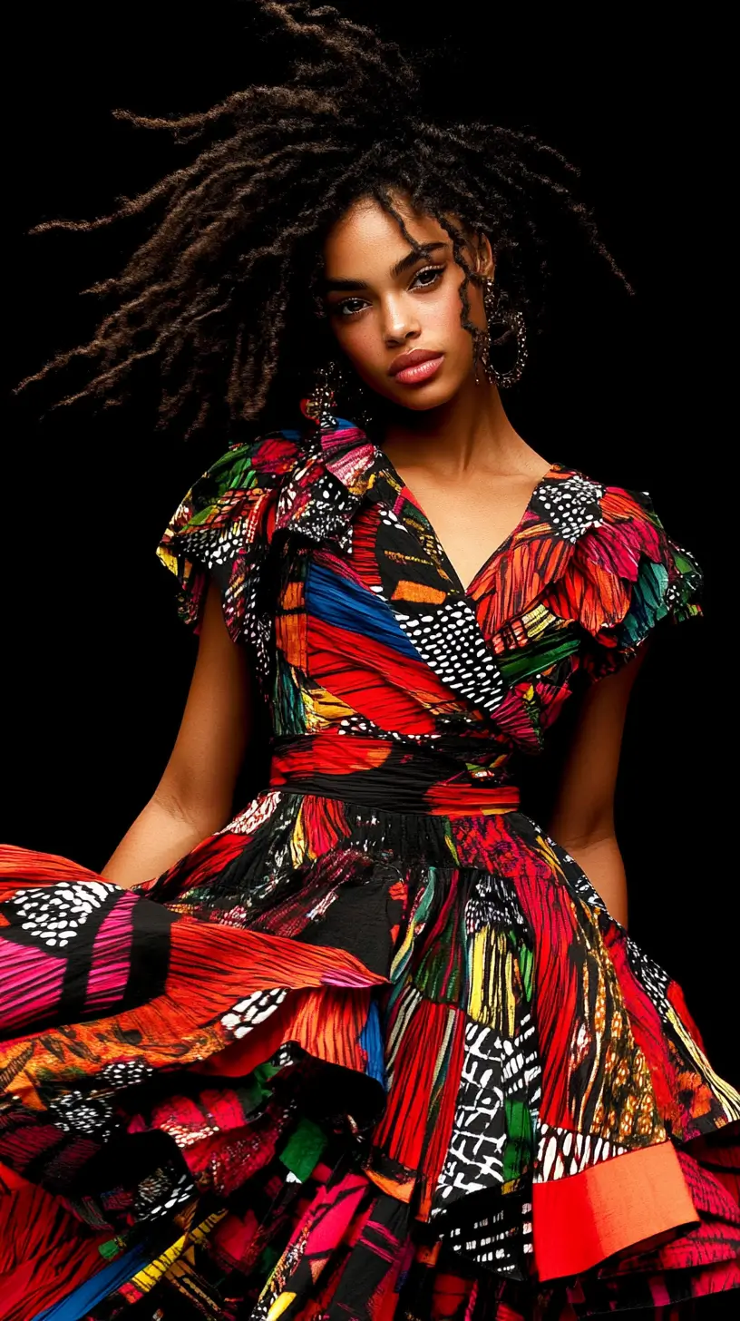 Confident woman with long dreadlocks posing in light, focusing on her face and hair.