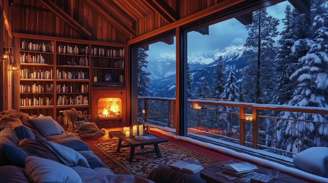 Cozy living room with a warm fireplace, a bookshelf filled with books and decorative items for a relaxing atmosphere.