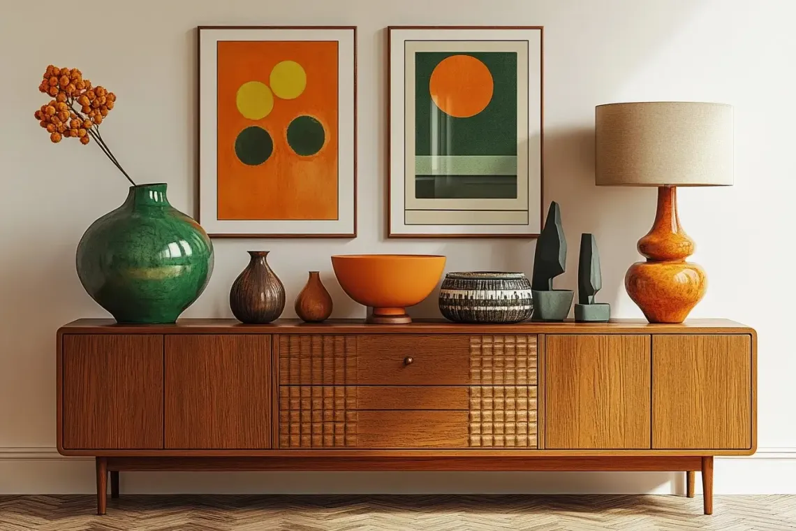 Classic wooden cabinet with intricate details, topped with an elegant vase and lamp.