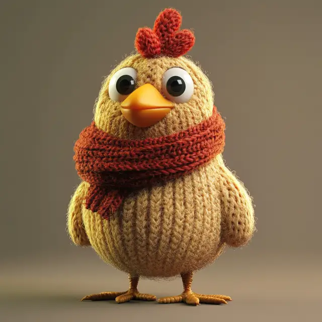 A cartoon-style craft chicken made of all wool.