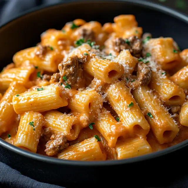 Creamy beef rigatoni pasta dish.