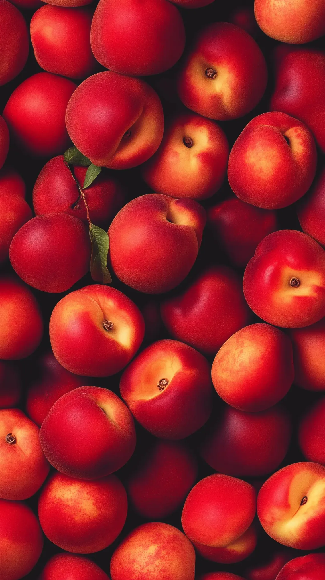 A bunch of vibrant red apples with green leaves, showcasing their glossy skins and varied sizes.