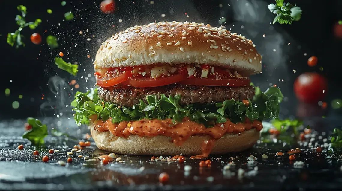 Burger with crispy lettuce peeking out.