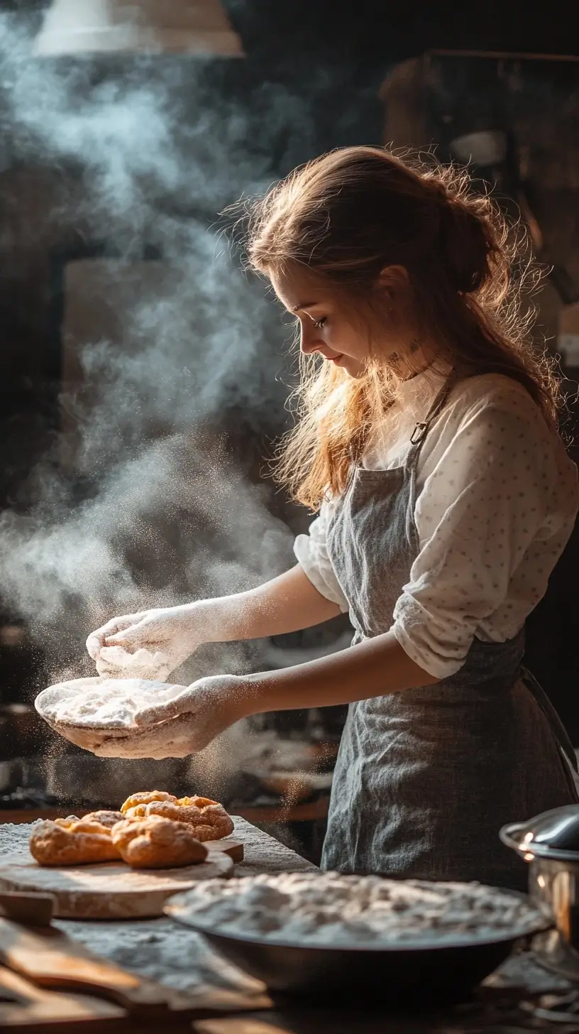 A focused woman baking in a warm kitchen.