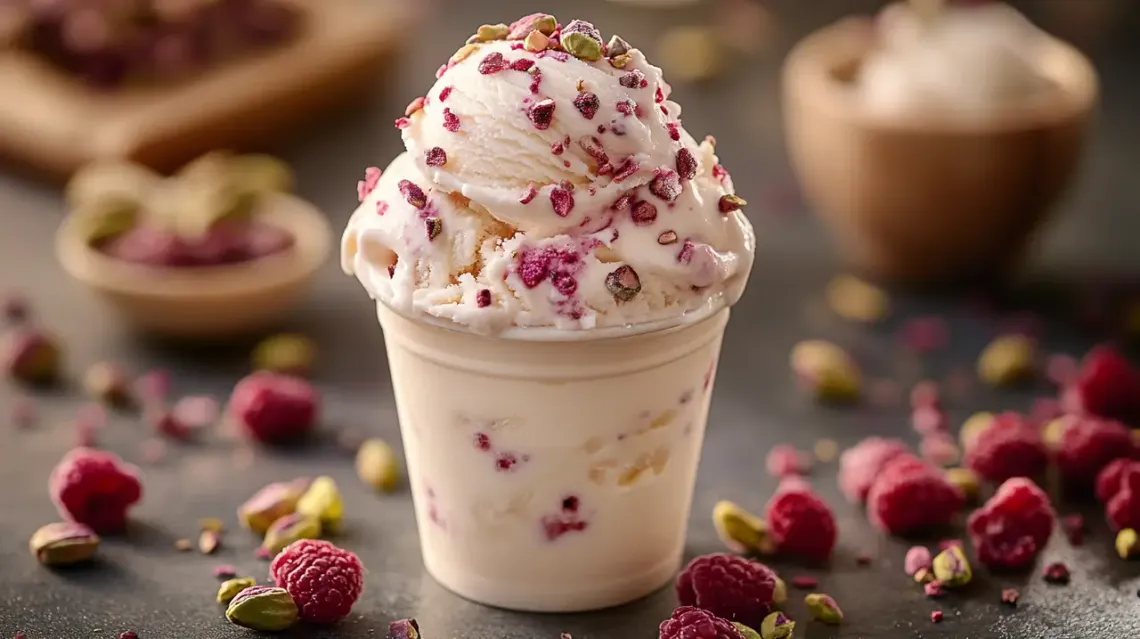 Long cup of ice cream in a food photography setting.