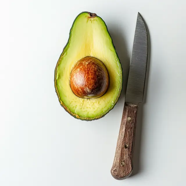 Cut open avocado next to a knife.