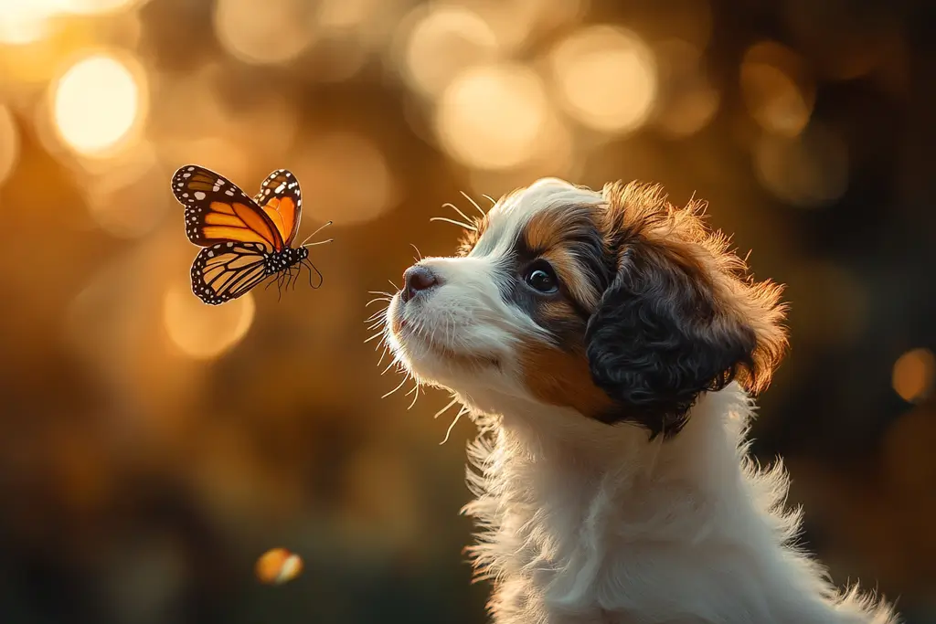 Cute puppy looking at a butterfly.