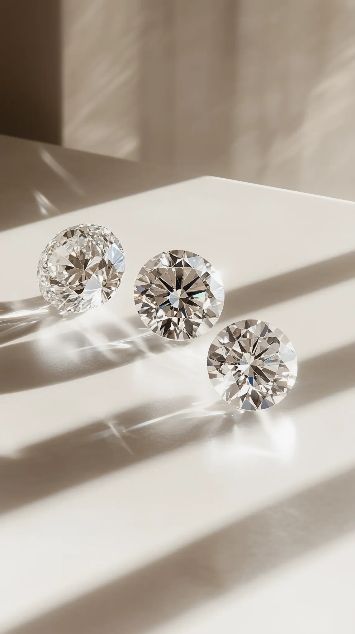 Three sparkling diamonds positioned elegantly on a clean white surface, radiating brilliance and luxury.