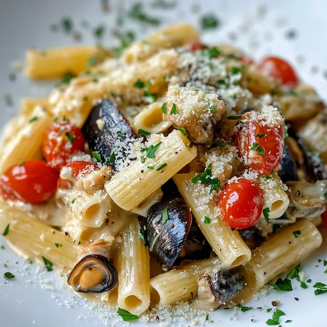 Pasta with chopped eggplant, cherry tomatoes and capers.