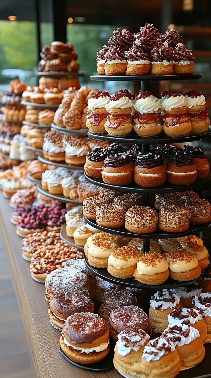 Assorted pastries with variety of toppings arranged on a table.