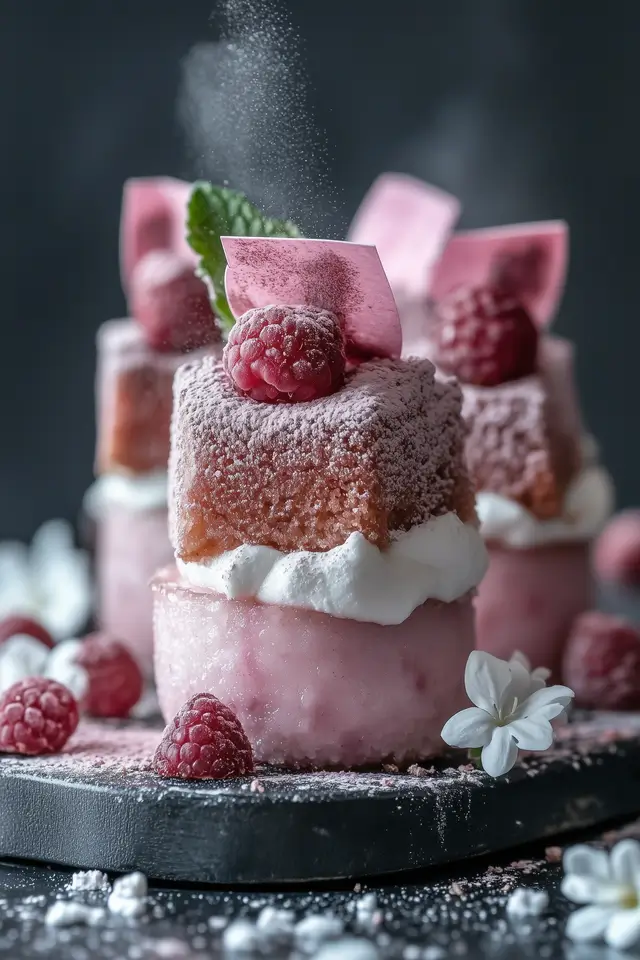 Small cakes adorned with cream and raspberries captured in a food photography shoot.