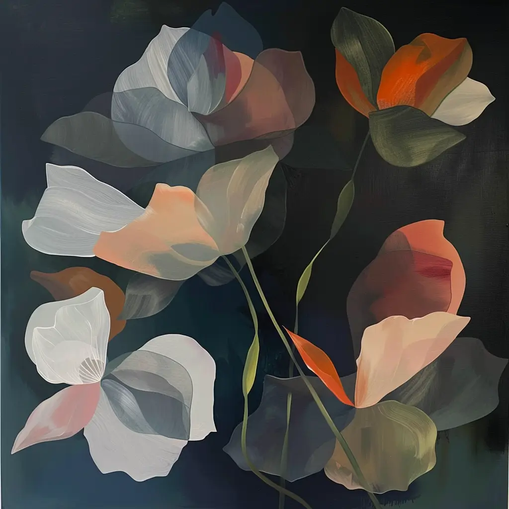 Detailed painting of vibrant flowers against a striking black background.