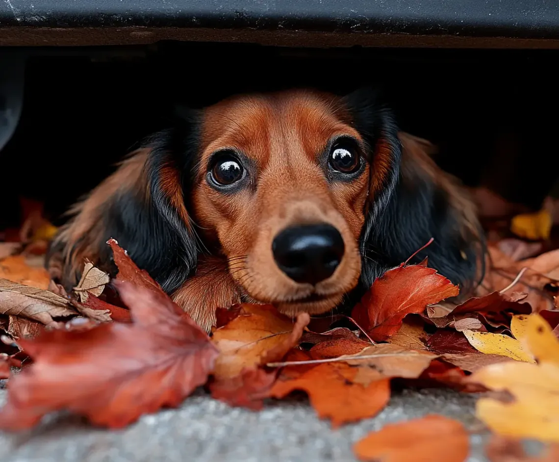 A playful dog hiding under a parked car amidst scattered fallen leaves, in a peaceful outdoor setting.