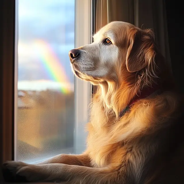 An old dog looking out the window at a rainbow.