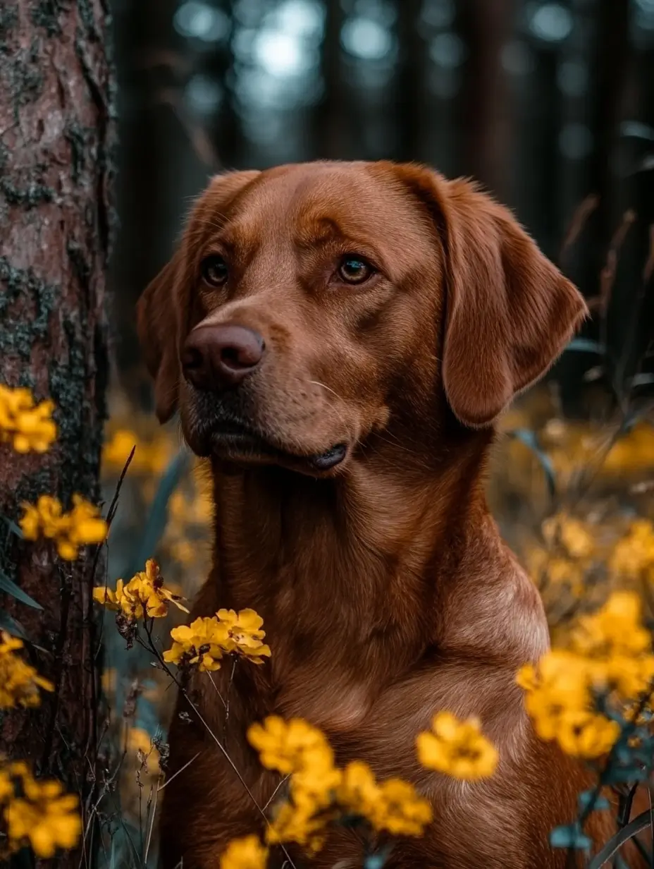 A peaceful brown dog sitting in a vibrant field of yellow flowers, blending harmoniously with the scenery.