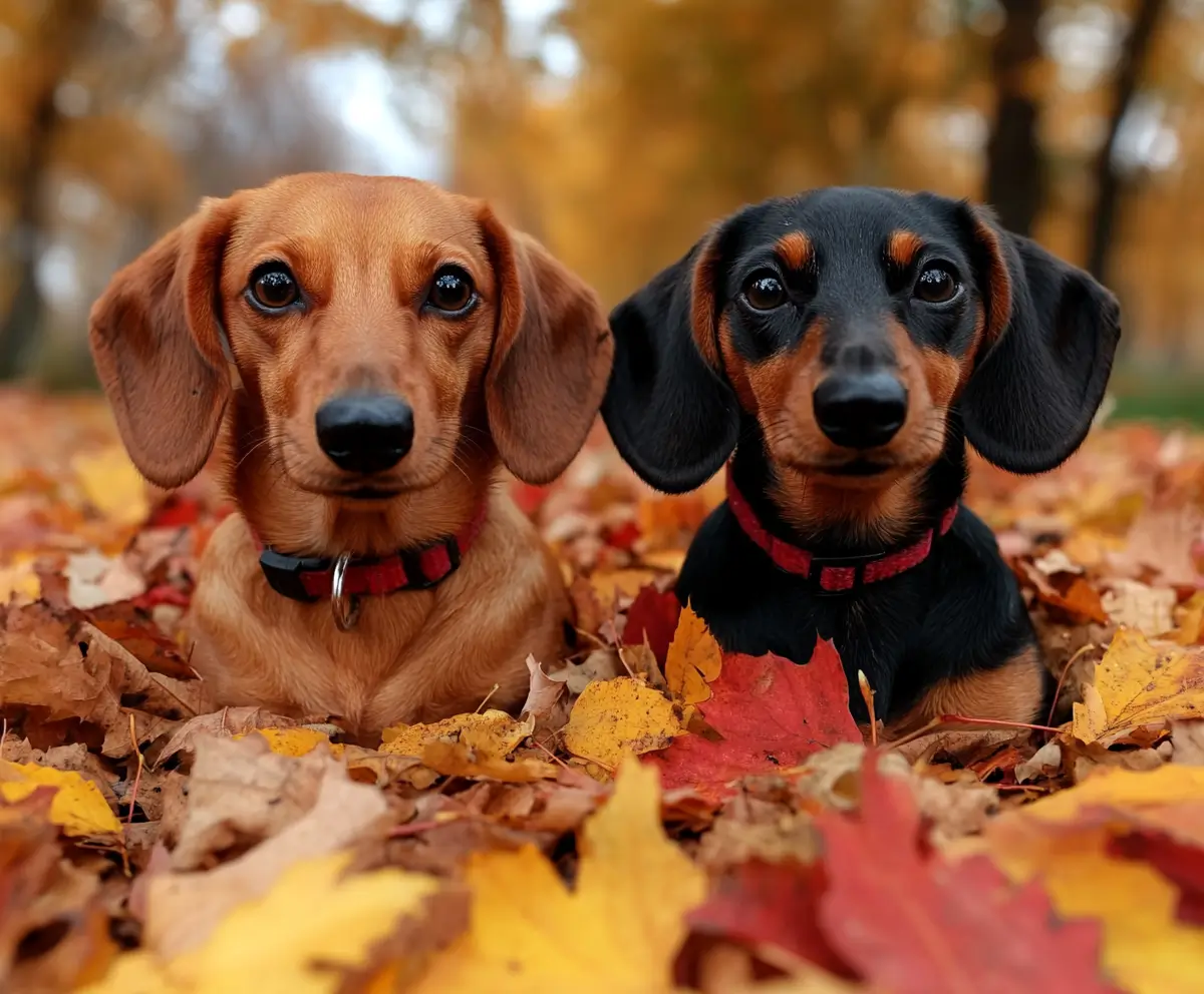 Two dogs peacefully laying on a vibrant bed of autumn leaves in a serene park setting.