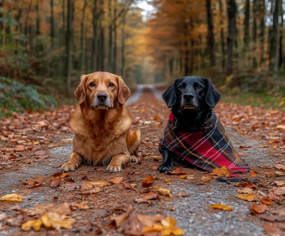 Two dogs sitting on a peaceful road in the woods, surrounded by lush greenery and dappled sunlight.