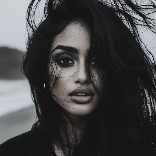 Dramatic black and white portrait of a woman.