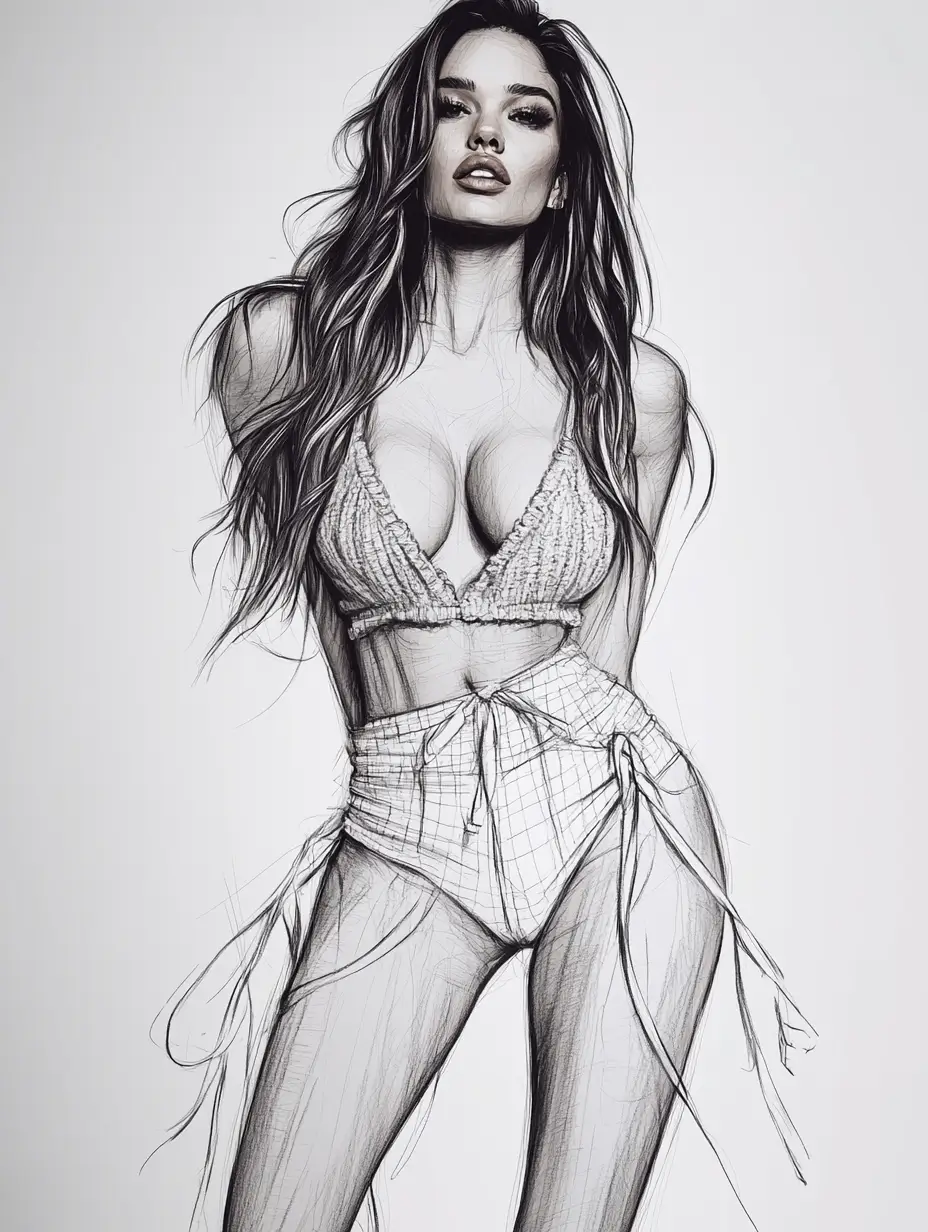 Detailed drawing of a slim woman in a bikini with long hair, focusing on swimwear fashion and body representation.